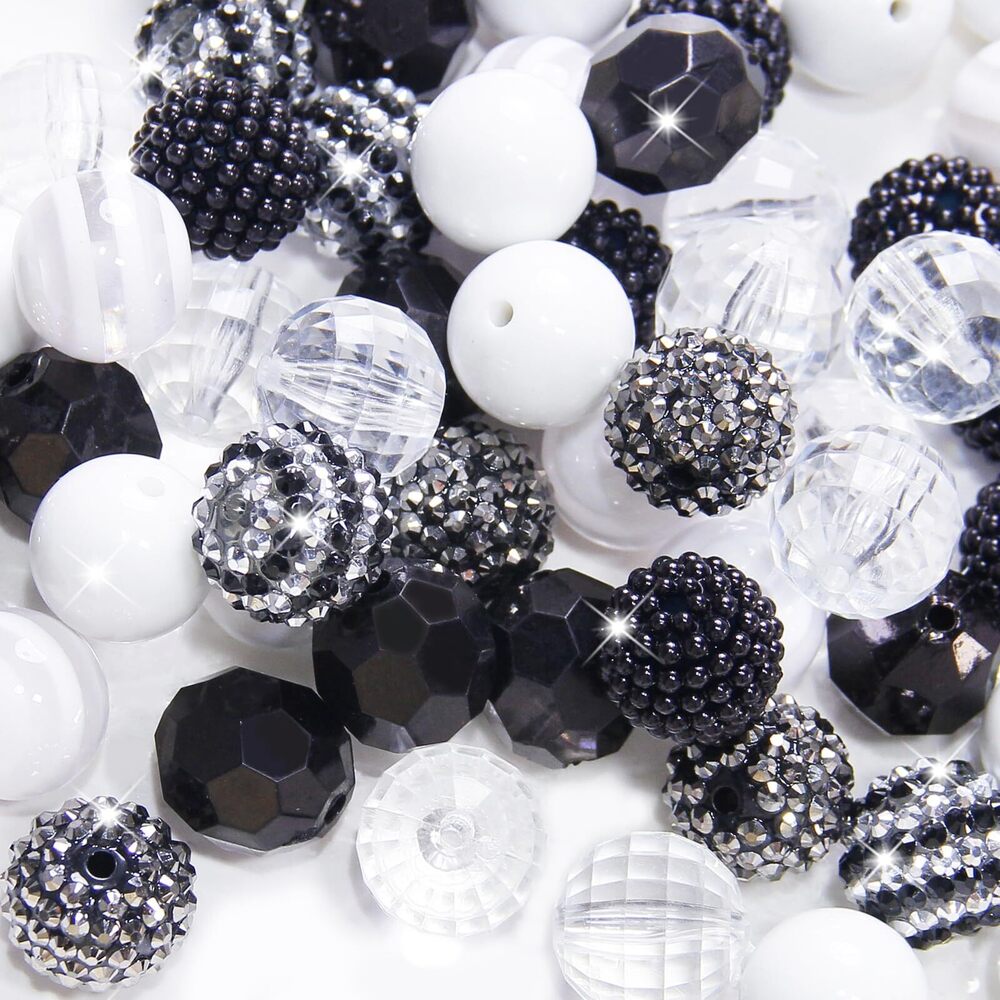 7484 48 Pcs 20mm Beads for Pens Rhinestone Bubblegum Beads Black White